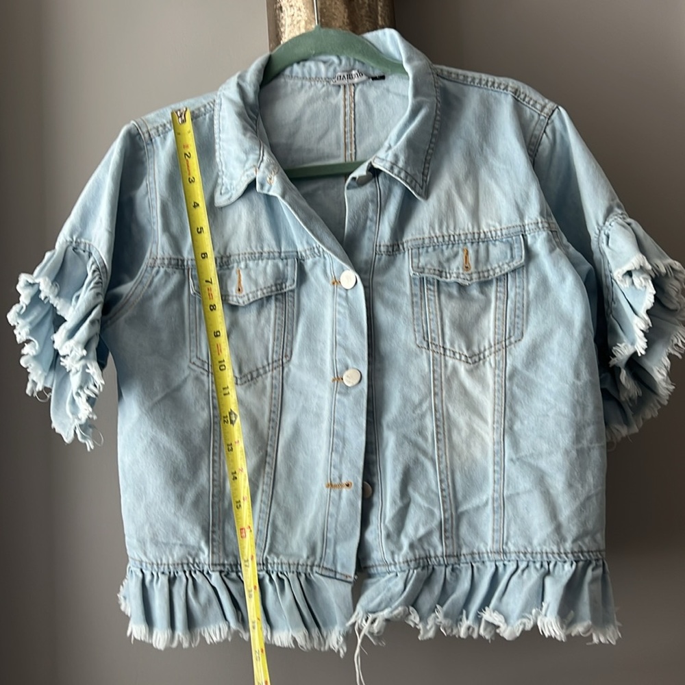 Classic Blue Jean Jacket with Distressed Details - Short Sleeves! - Picture 6 of 6